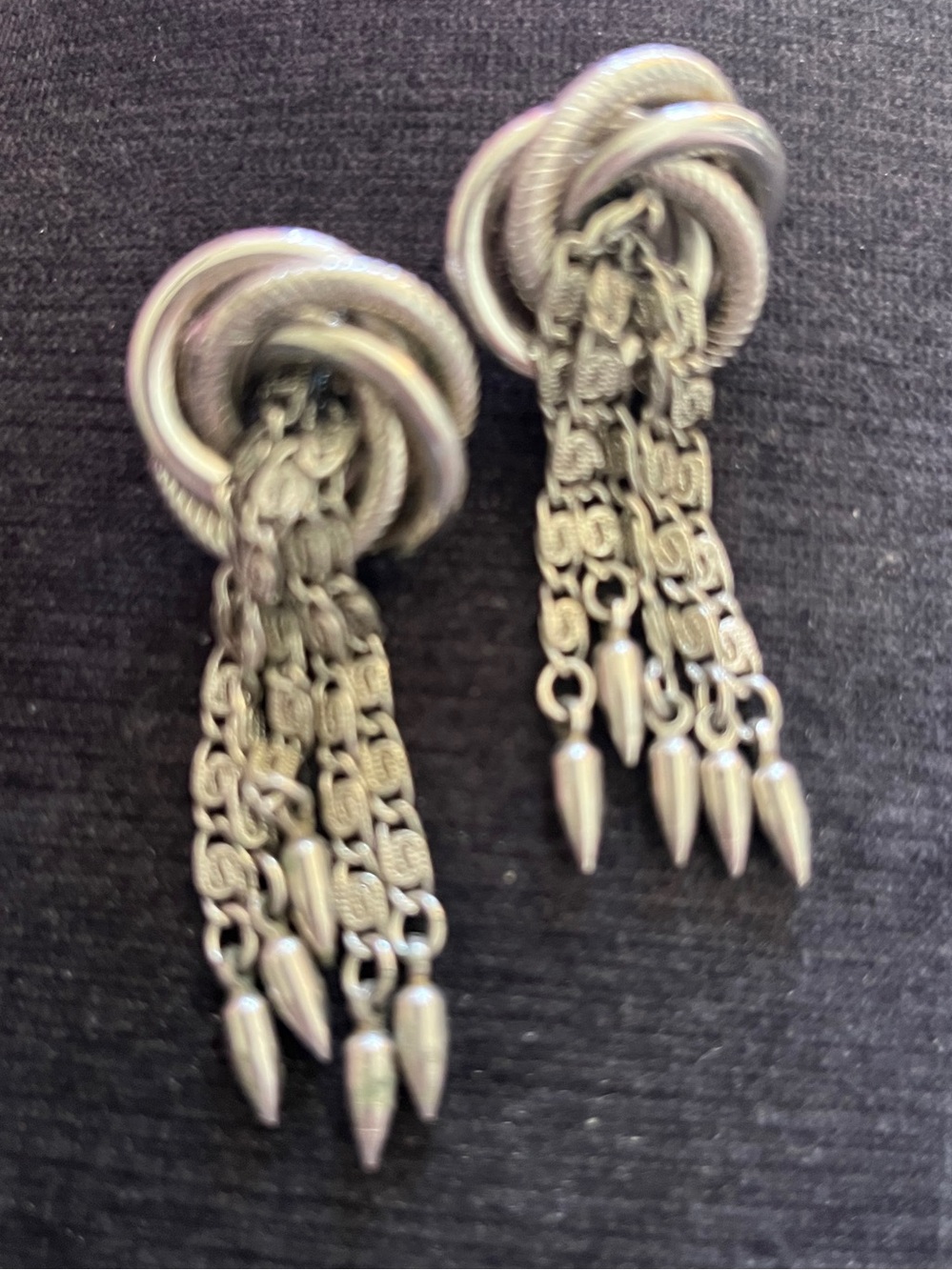 Vintage Marino signed silver toned textured interlocking loop tassel earrings